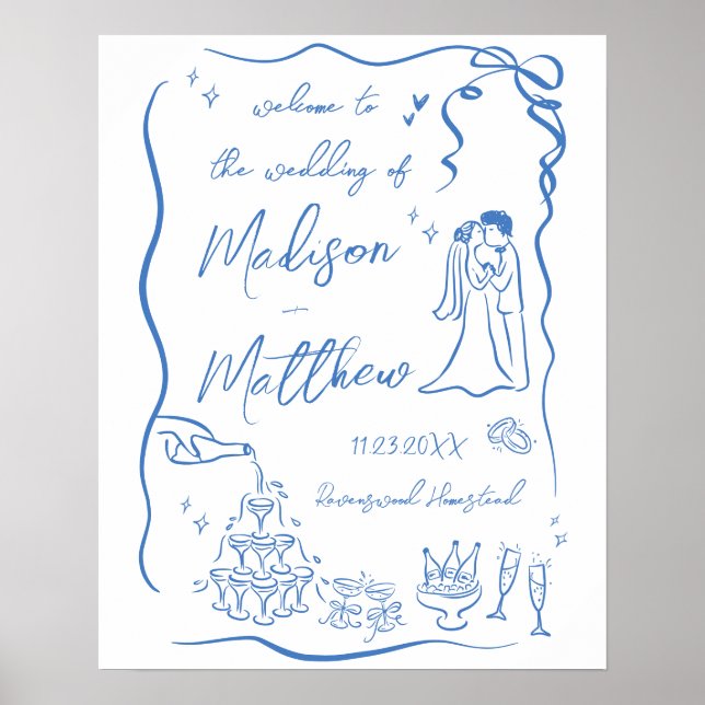 Handritade illustrationer Ritningar Bröllop Välkom Poster (Framsidan)