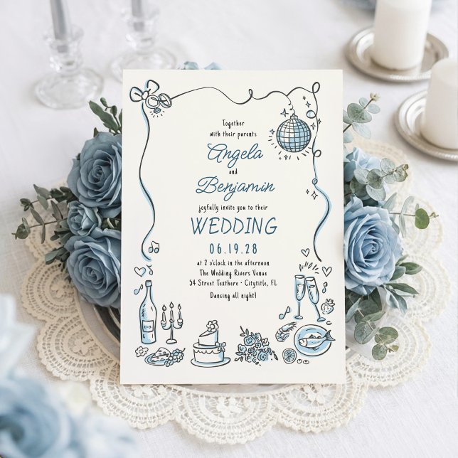 Handritade Illustrationer Whimsical Retro Bröllop Inbjudningar (
dusty blue wedding invitation)