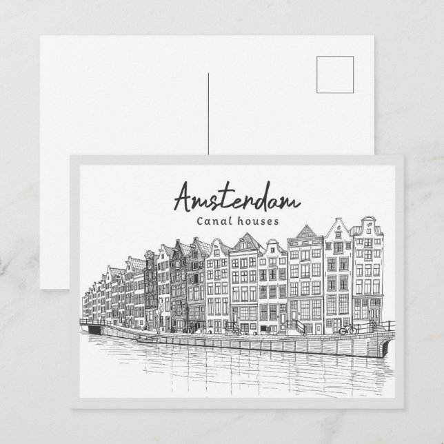 Handritade Kanalhus Amsterdam Nederländerna Vykort (Fram/baksida)
