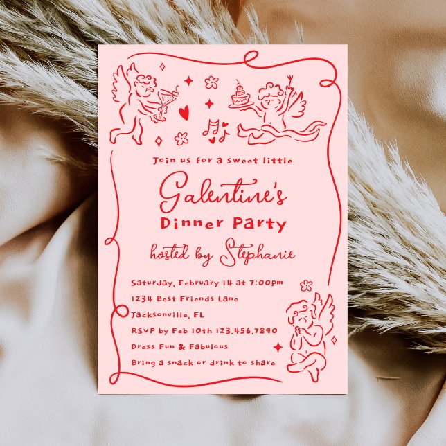Handritade Keruber Rosa Röd Galentine's Day-fest Inbjudningar (Skapare uppladdad)