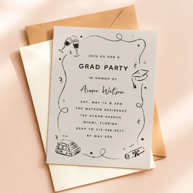 Handritade Klotter Teckningar Examen Fest Inbjudningar (whimsical scribble doodles graduation party invitation)