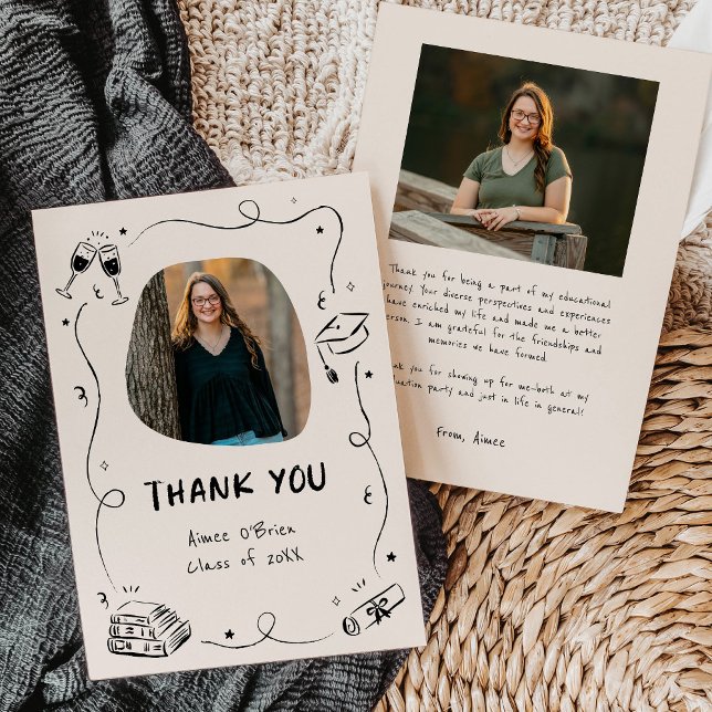 Handritade Klotter Teckningar Examen Tack Kort (whimsical scribble doodles graduation thank you cards with sample wording)