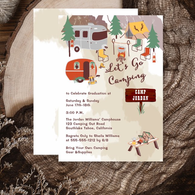 Handritade lås Gå-Studentfest Inbjudningar (Handdrawn "Let's Go Camping"  Graduation Party Invitation -- Print and/or Digital Download)