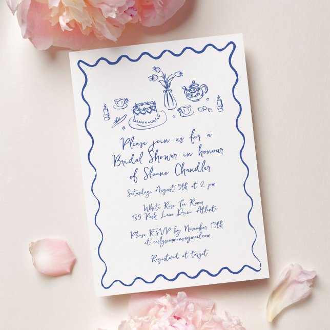 Handritade mat- och dryckesteckningar Bröllopsbrun Inbjudningar (Hand drawn food and drink doodle illustrations bridal brunch invitation in blue and white.)