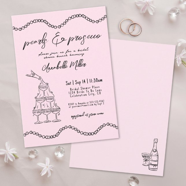 Handritade pärlor Whimsical Prosecco Bröllopsdusch Inbjudningar (Hand Drawn Pearls Whimsical Prosecco Bridal Shower Invitation)