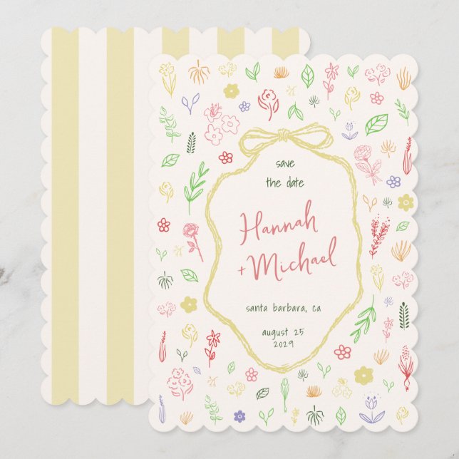 Handritade Pastellfärgade Blommor Vårbröllop Spara Datumet (Fram/baksida)