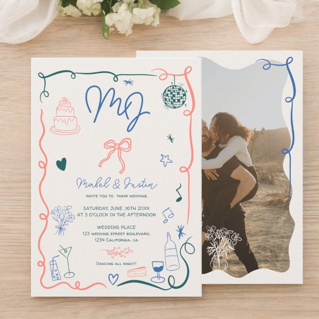Handritade Retro initialer illustrerade fotot bröl Inbjudningar (Retro initials handdrawn illustrated photo wedding invitation)