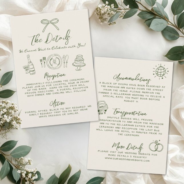 Handritade Retrodetaljer för Bröllop Tilläggskort (Hand Drawn Retro Wedding Details Enclosure Card)