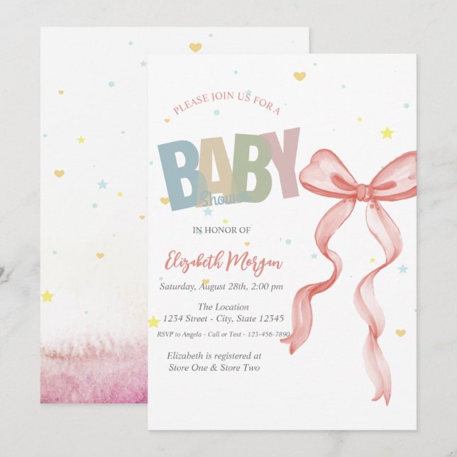 Handritade röda bågstjärnor hjärtan baby shower inbjudningar (Fram/baksida)
