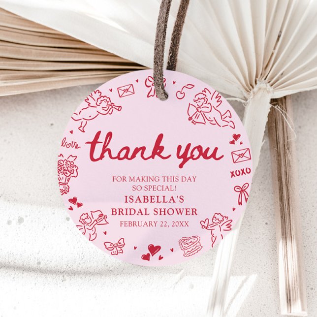 Handritade Rosa Röda Hjärtan Valentina Bröllopsdus Gåvor Etiketter (Hand Drawn Pink Red Hearts Valentine Bridal Shower Favor Tags)