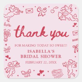 Handritade Rosa Röda Hjärtan Valentins Bröllopsdus Fyrkantigt Klistermärke