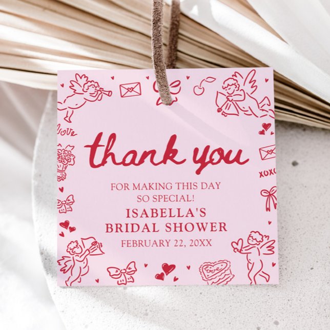 Handritade Rosa Röda Hjärtan Valentins Bröllopsdus Gåvor Etiketter (Hand Drawn Pink Red Hearts Valentine Bridal Shower Favor Tags)