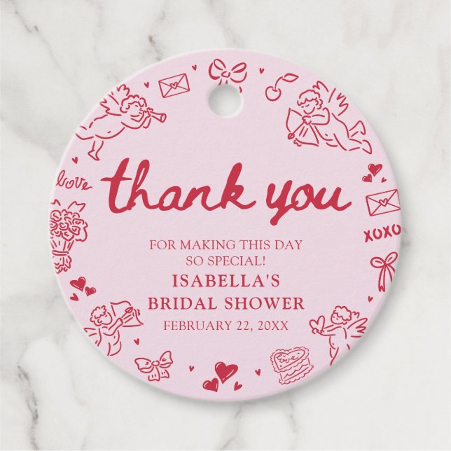 Handritade Rosa Röda Hjärtan Valentins Bröllopsdus Gåvor Etiketter (Framsida)
