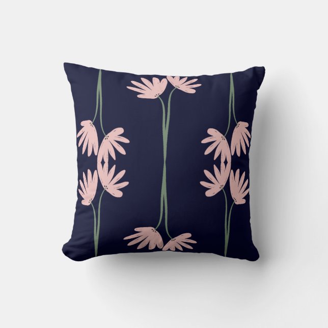 Handritade rosa vilda blommor marinblå kudde (Framsida)