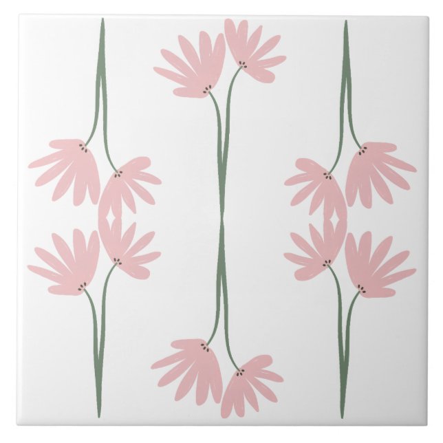 Handritade rosa vilda blommor vita kakelplatta (Framsidan)