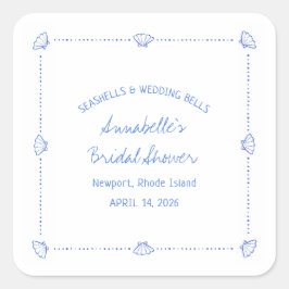 Handritade snäckor & bröllopsklockor Bröllopsdusch Fyrkantigt Klistermärke