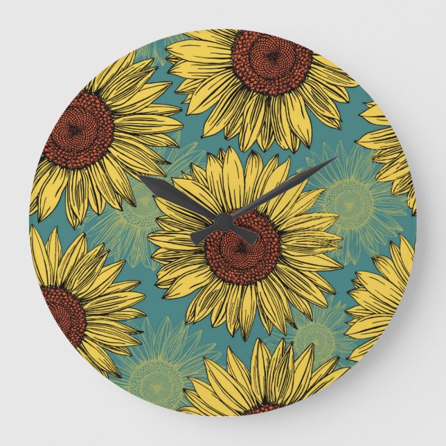 Handritade solblommor Mint Blue Stor Klocka (Framsida)