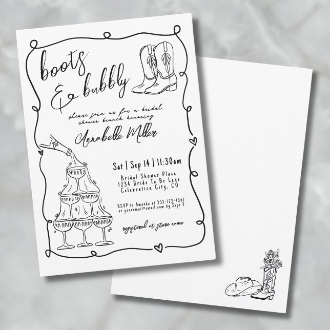 Handritade stövlar och bubblig bröllopsdusch inbjudningar (Hand Drawn Boots And Bubbly Bridal Shower Invitation)