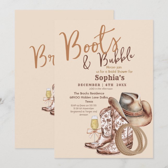 Handritade stövlar och bubblig bröllopsdusch inbjudningar (Fram/baksida)