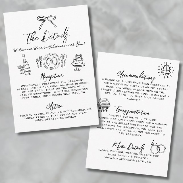 Handritade Whimsical Bröllopsdetaljer Tilläggskort (Hand Drawn Quirky Whimsical Wedding Details Enclosure Card)