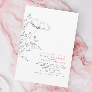 Handritade Wildblommes Elegant Rosa Baby Shower Inbjudningar