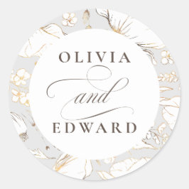 Handritade Wildblommor Elegant Guld Bröllop Runt Klistermärke