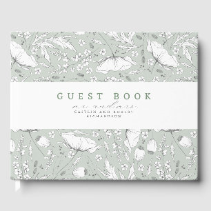 Handritade Wildblommor Elegant Sage Grönt Bröllop Gästböcker