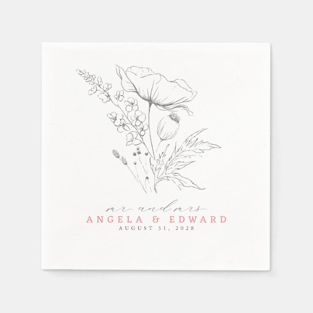 Handritade Wildblommor-Eleganten Minimalist Bröllo Pappersservett (Framsidan)