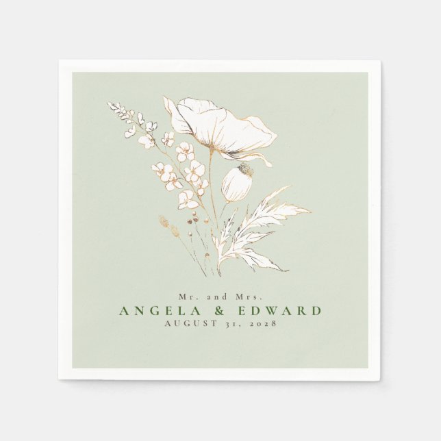 Handritade Wildblommor-Eleganten Minimalist Bröllo Pappersservett (Framsidan)