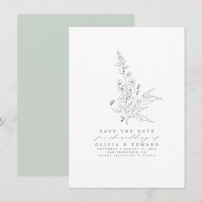 Handritade Wildblommor Sage Grönt Spara datum Datumet (Fram/baksida)