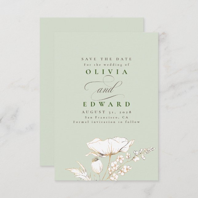 Handritade Wildblommor Sage Grönt Spara datum Spara Datumet (Fram/baksida)