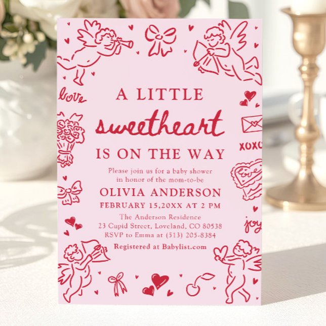 Handritat Alla hjärtans dag Babykalas Inbjudningar (Hand Drawn Valentine Little Sweetheart Baby Shower Invitation)