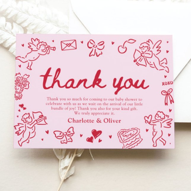 Handritat Alla hjärtans dags-kort "Tack" Tack Kort (Hand Drawn Valentine Sweetheart Thank you card)