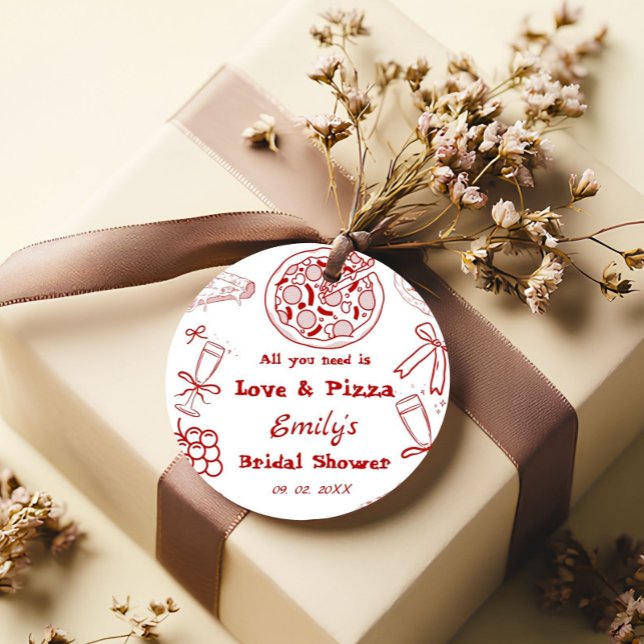 Handritat är kärlek & Pizza Bröllopsfest Gåvor Etiketter (Skapare uppladdad)