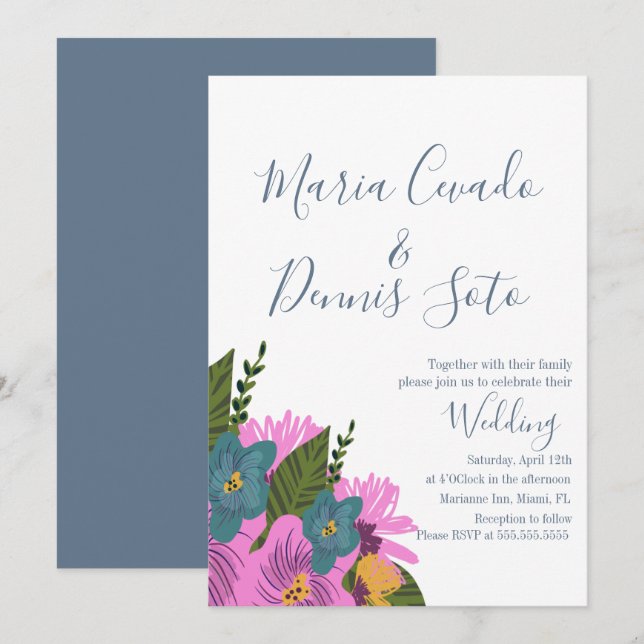 Handritat blommotiv vigsel inbjudan i djärva färge (Fram/baksida)