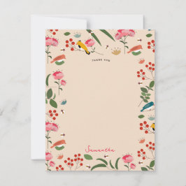 Handritat blomsterfåglar bin botaniskt mönster tack kort