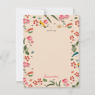 Handritat blomsterfåglar bin botaniskt mönster tack kort