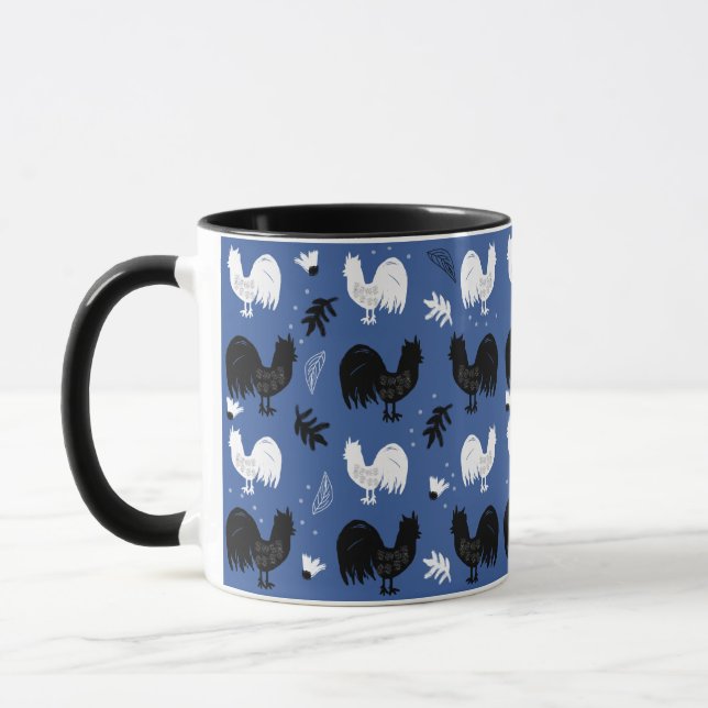 Handritat blomstermönster med tuppar från bondgård mugg (Vänster)