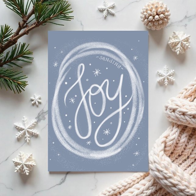 Handritat Glädje- Icke-foto vikt julkort Helgkort ("Joy"- a hand-lettered forward holiday card surrounded by swirling snow. By Clearlytangled Studio.)