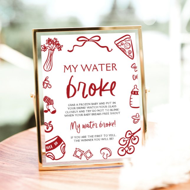 Handritat italienskt baby shower-spel för när vatt poster (Hand Drawn Italian My Water Broke Baby Shower Game Sign)
