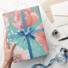 Handritat korallblomma Mint Blommönster Presentpapper