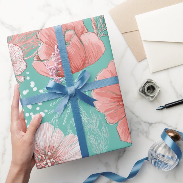 Handritat korallblomma Mint Blommönster Presentpapper (Gifting)