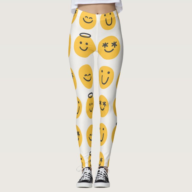 Handritat lyckligt Emoji-mönster Leggings (Framsida)