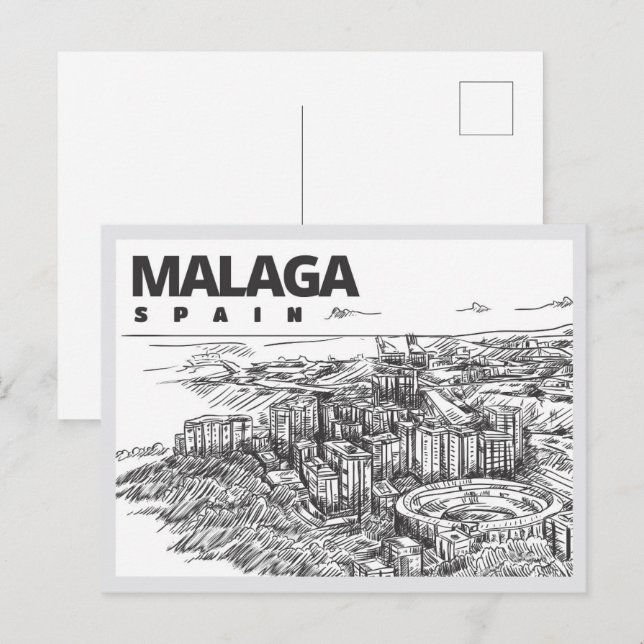 Handritat Malaga Spanien Landmärke Vykort (Fram/baksida)