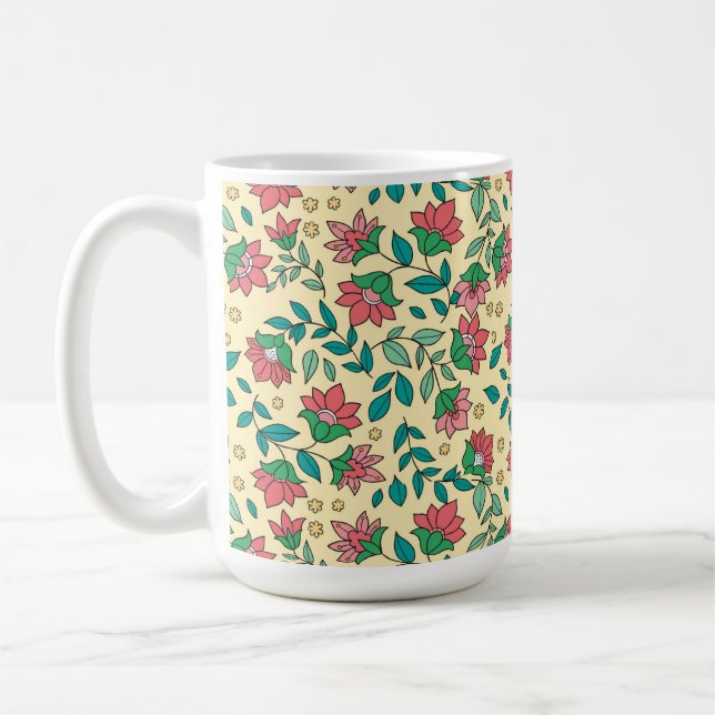 Handritat mönster med pressade blommor blad  kaffemugg (Vänster)