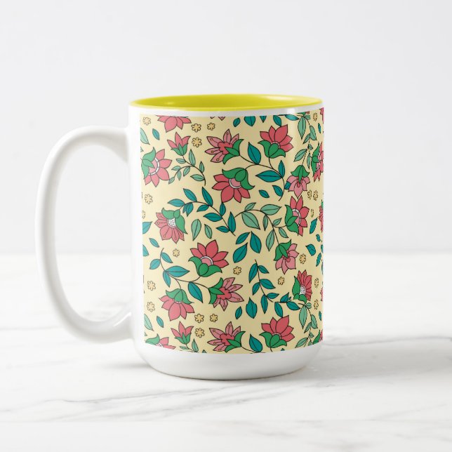 Handritat mönster med pressade blommor blad  Två-Tonad mugg (Vänster)