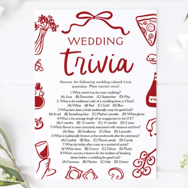 Handritat Pizza Bröllakstrivia Bröllopsduschspel Inbjudningar (Hand Drawn Pizza Wedding Trivia Bridal Shower Game)