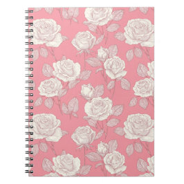 Handritat Rosa Ros Vit Blommönster Anteckningsbok