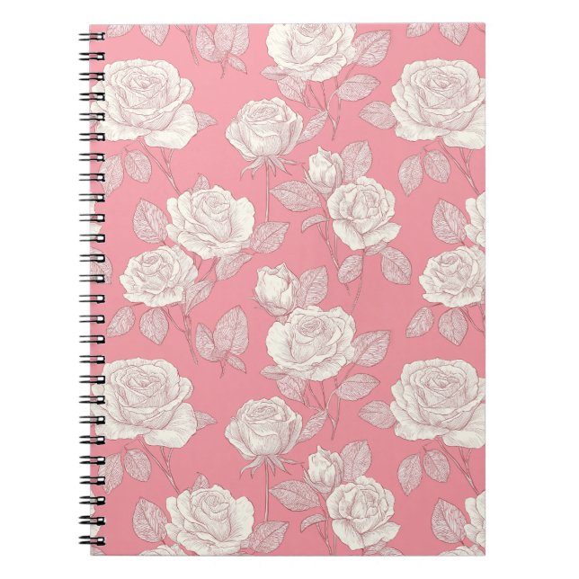 Handritat Rosa Ros Vit Blommönster Anteckningsbok (Framsidan)