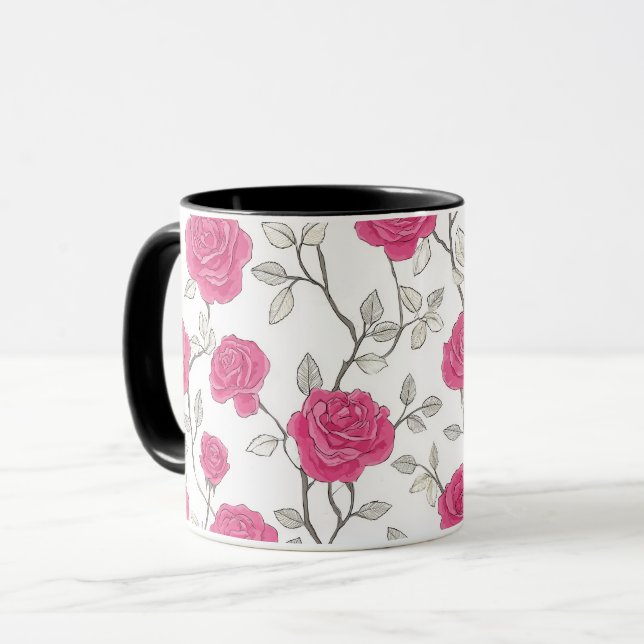 Handritat Rosa Ros Vit Blommönster Mugg (Framsida vänster)